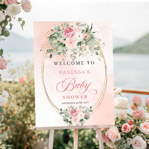 Poster Stylish Minimal Blush Floral Baby Shower Bienvenue