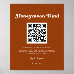 Poster Stylish retro Burnt Orange Honeymoon fund Code QR