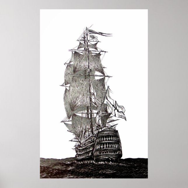 Poster Stylo Galleon et dessin à encre en noir et blanc (Devant)