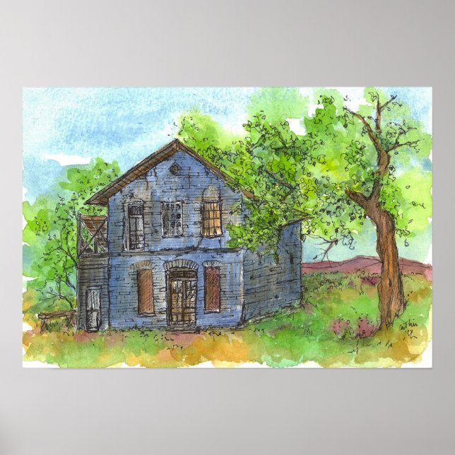 Poster Stylo Old Blue House et dessin d'encre aquarelle (Devant)