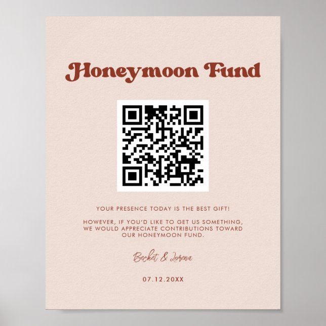 Poster Stylo retro Peach Pink Honeymoon fund Code QR (Devant)