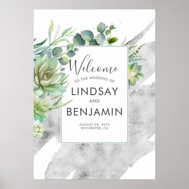 Poster Succulent Verdure Argent Aquarelle Mariage (Devant)