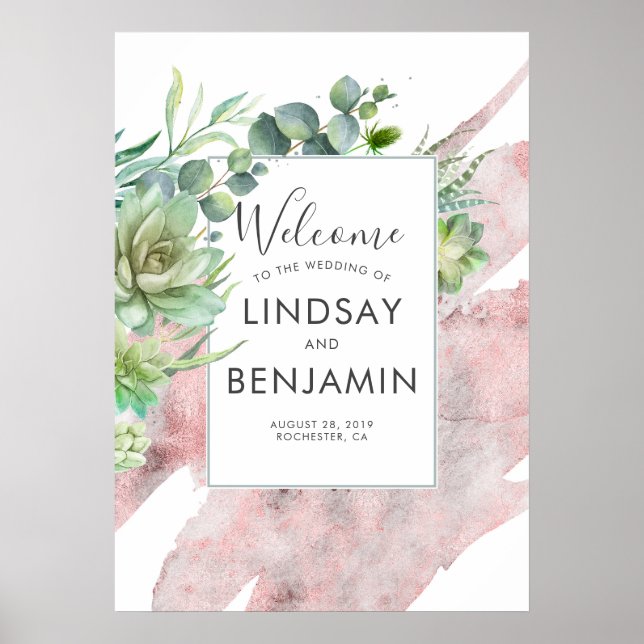 Poster Succulents Verdure Rose or Aquarelles Mariage (Devant)