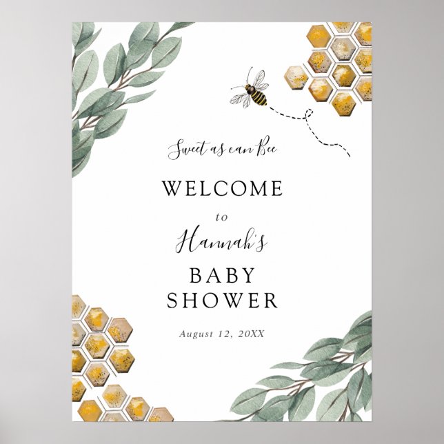 Poster Sucré comme peut Bee Eucalyptus Baby shower Accuei (Devant)