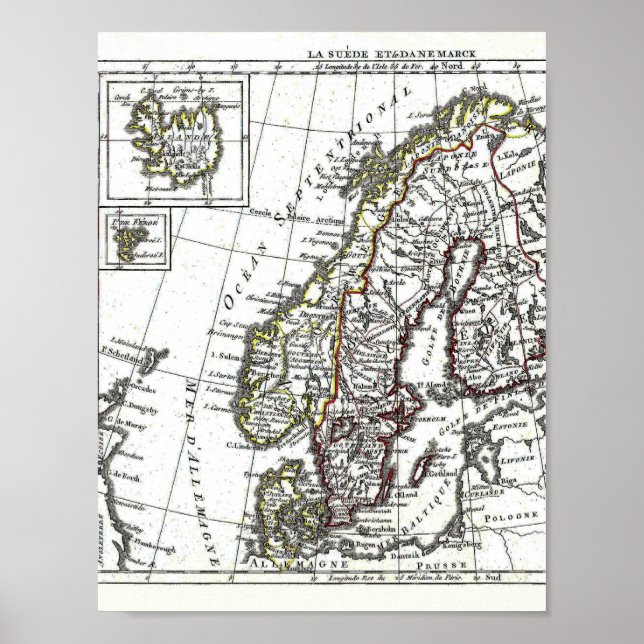 Poster Suède Islande Norvège Danemark Carte (Devant)