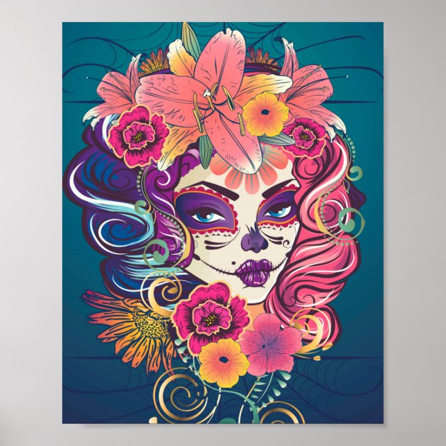 Poster Sugar crâne femme en portrait de couronne de fleur (Devant)