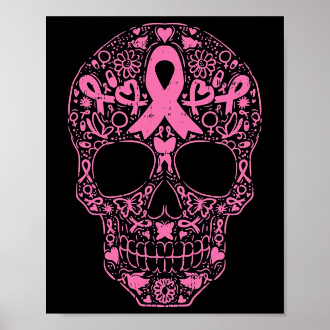 Poster Sugar Crâne rose Ruban Calavera Cancer du sein Awa (Devant)