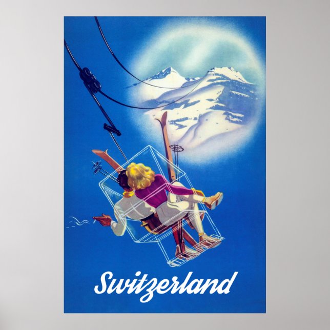 Poster Suisse, Happy Ski Couple en téléphérique (Devant)