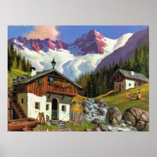 Poster Suisse vintage, Gletscherwelt, village,
