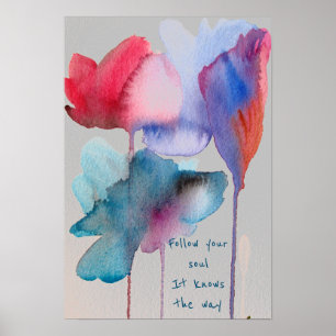 Poster Suivez votre citation âme Fleurs bleu aquarelle