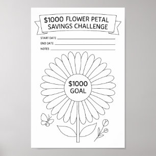 Poster Suivi du Défi d'Épargne de 1000 $ Pétales de Fleur