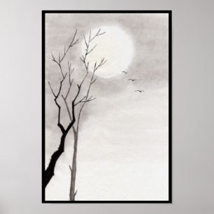 Poster Sumi-e japonais vintage classique de paysage de