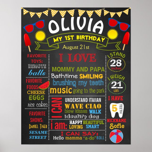 Poster Summer beach fête d'anniversaire chalkboard fille (Devant)