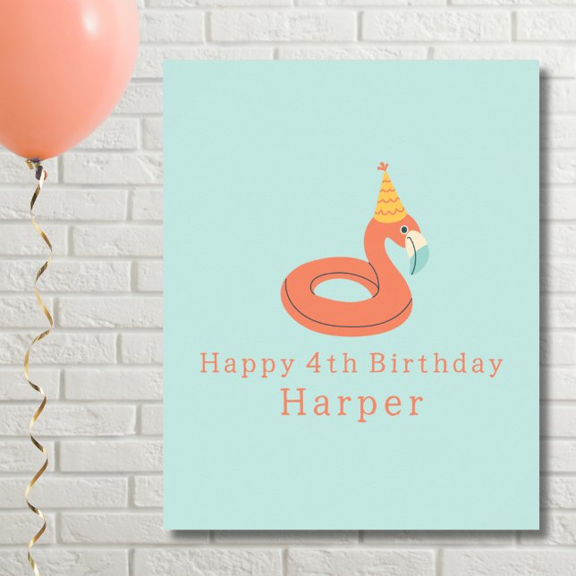 Poster summer flamingo float kids birthday pool party (flamingo happy birthday pool party personalized name poster print sign. digital instant downloadable)