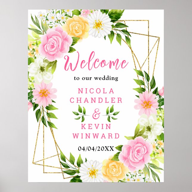 Poster Summer Pink and Yellow Flower Wedding Welcome Sign (Devant)
