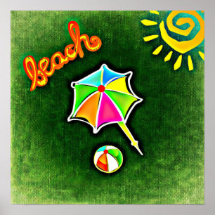 Poster Summer Vacances Plage Parapluie et Balle