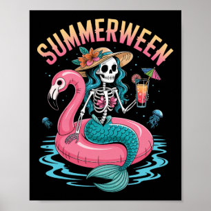 Poster Summerween Mermaid Skeleton Beach Flamant rose Hal