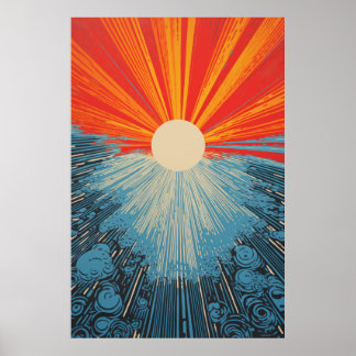 Poster Sun Closeup Water Mosaic - Linocut Imprimer l'affi