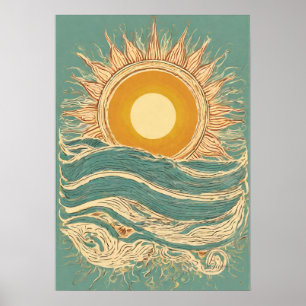 Poster Sun Fiery sur Green Sun Illustration Mur Art Impri