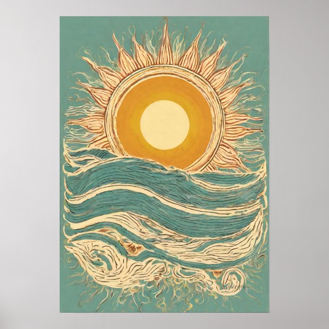 Poster Sun Fiery sur Green Sun Illustration Mur Art Impri (Devant)