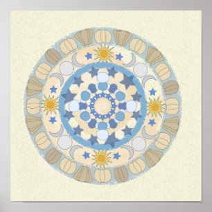 Poster Sun Moon Stars Yellow et Blue Mandala Print