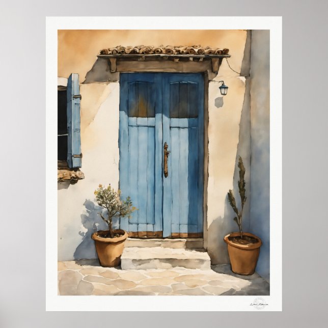 Poster Sun-Washed Blue Village Door Oil Painting (Devant)