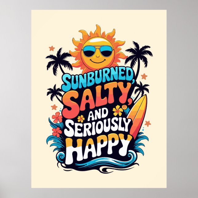 Poster Sunburned Salty and Happy – Retro Beach Vibes (Devant)