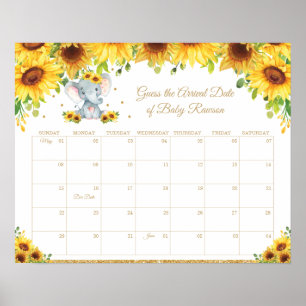 Poster Sunflower Elephant Guess Baby's Due Date Fun Game