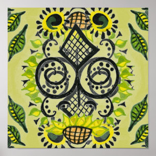 Poster Sunflower Folk Art Motif