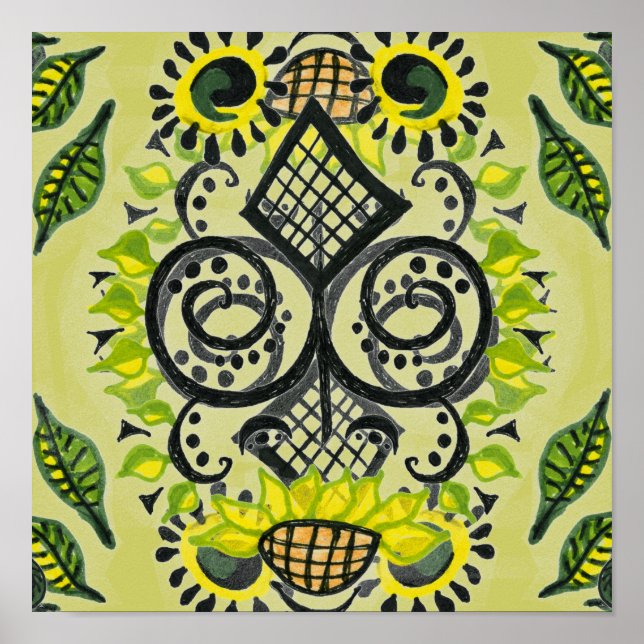 Poster Sunflower Folk Art Motif (Devant)