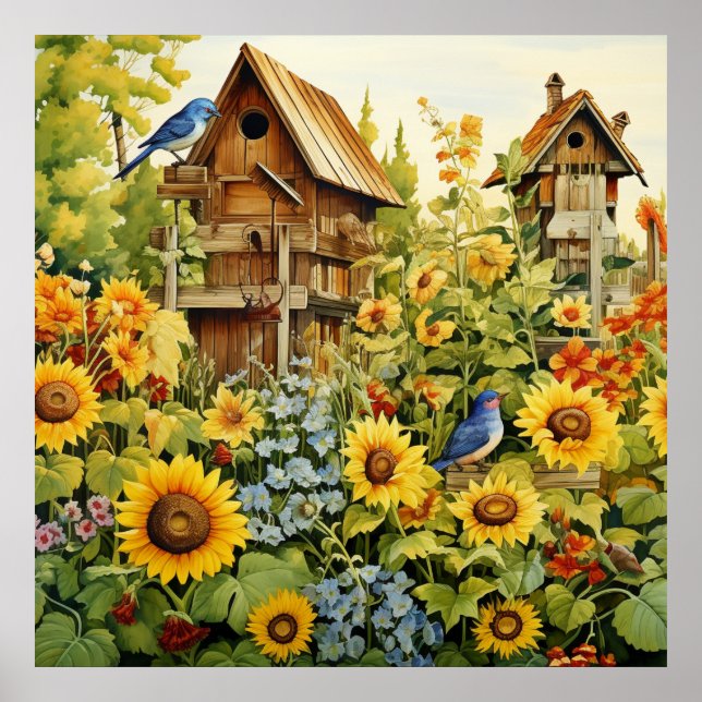 Poster Sunflower Garden Bird Maisons Oiseaux bleus (Devant)
