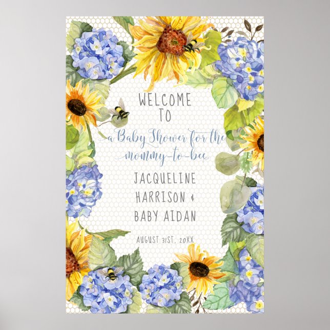 Poster Sunflower Mommy to Bee Bumblebee Blue Hydrangeas (Devant)