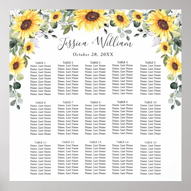 Poster Sunflowers Eucalyptus 15 Tables CADRE (Devant)