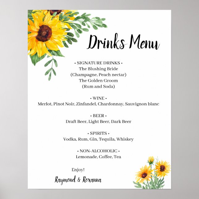 Poster Sunflowers Green Draves Menu Mariage Signal (Devant)