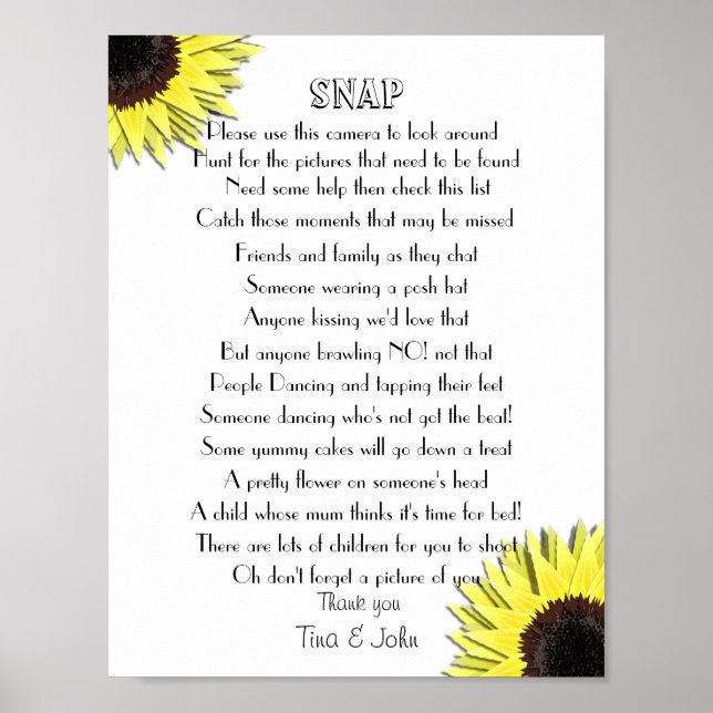 Poster Sunflowers I Spy Snap Mariage Photo Jeu (Devant)