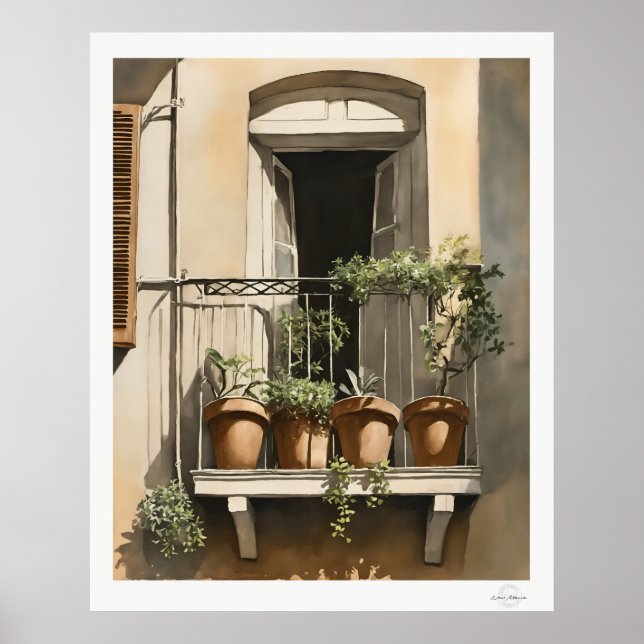 Poster Sunlit Balcony with Flowers Oil Painting Print (Devant)