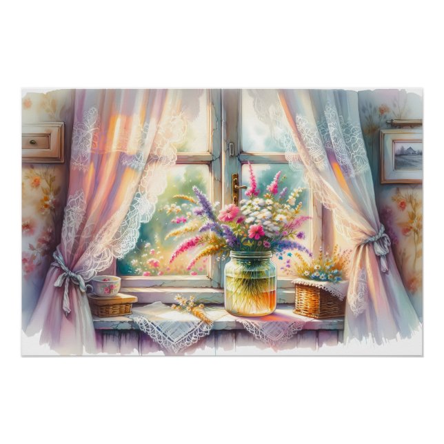 Poster Sunlit Cottage Window Wildflowers (Devant)