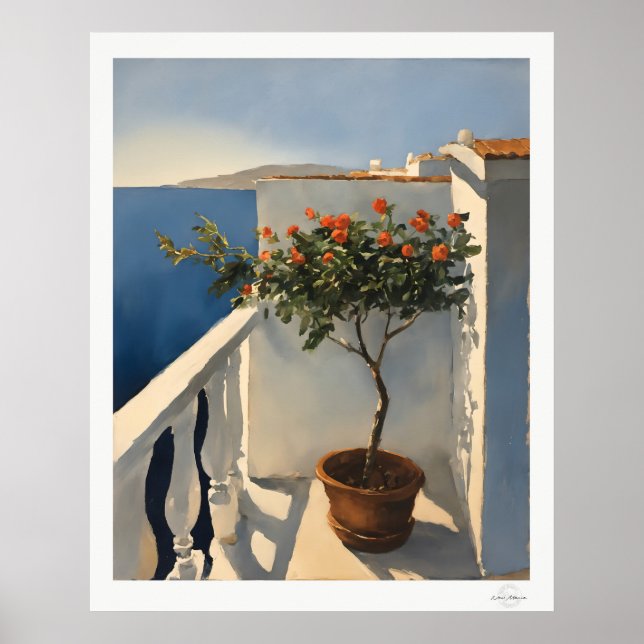 Poster Sunlit Mediterranean Balcony with Flowers Oil Pain (Devant)