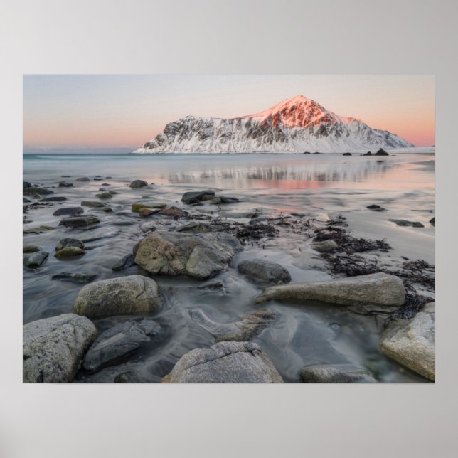 Poster Sunrise Flakstad et Skagsanden Beach (Devant)