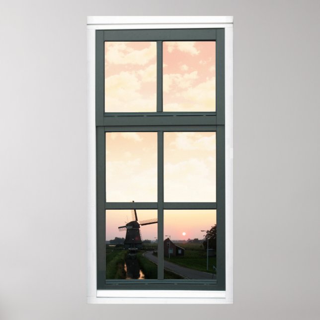 Poster Sunrise Landcape Windmill Faux Window Voir l'affic (Devant)