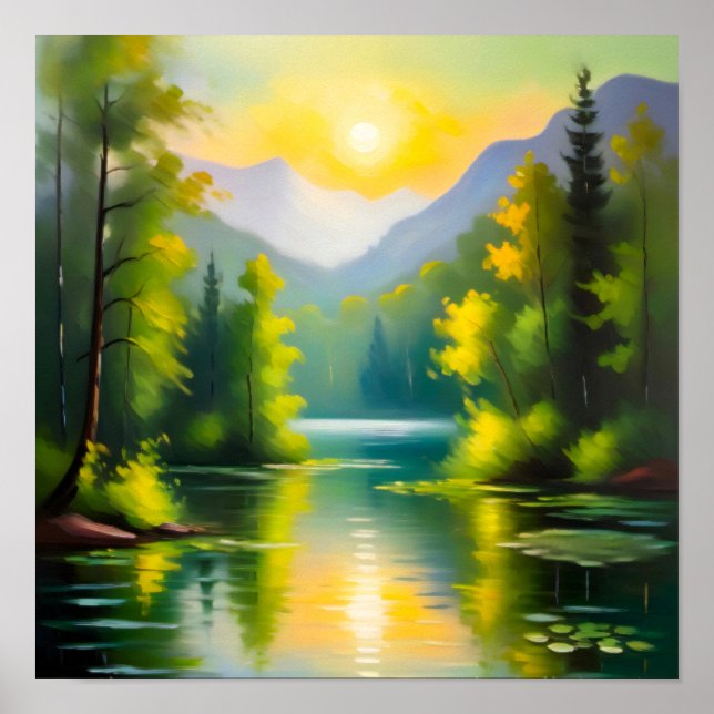 Poster Sunrise over snow covered mountains and lake (Devant)