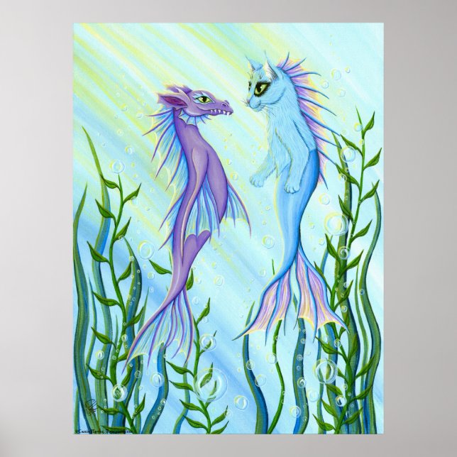 Poster Sunrise Swim, Sea Dragon & Mermaid Cat Imaginaire  (Devant)