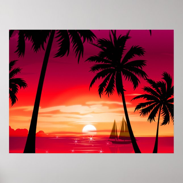 Poster Sunset and Sailboat (Devant)