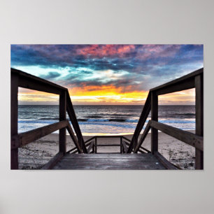 Poster Sunset Beach Vue de Rustic Wood Deck