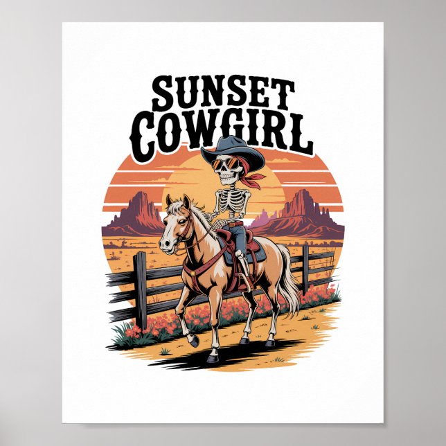 Poster Sunset Cowgirl Skeleton équitation Cheval (Devant)