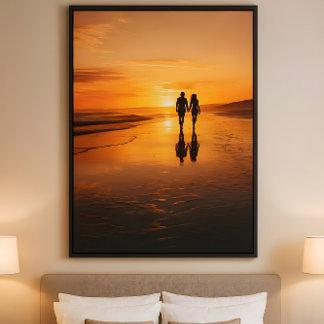 Poster Sunset Lovers - Romantic Beach Silhouette Wall Art