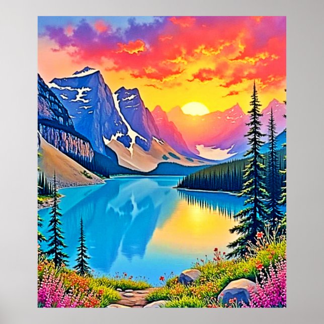Poster Sunset Mountain Lake Majesty Art (Devant)