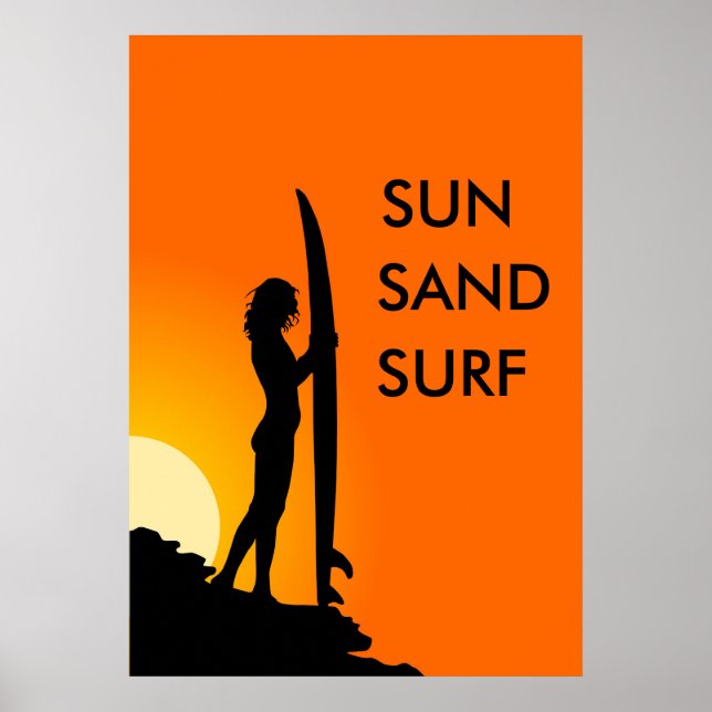 Poster Sunset Surfer Girl avec planche de surf, soleil, S (Devant)