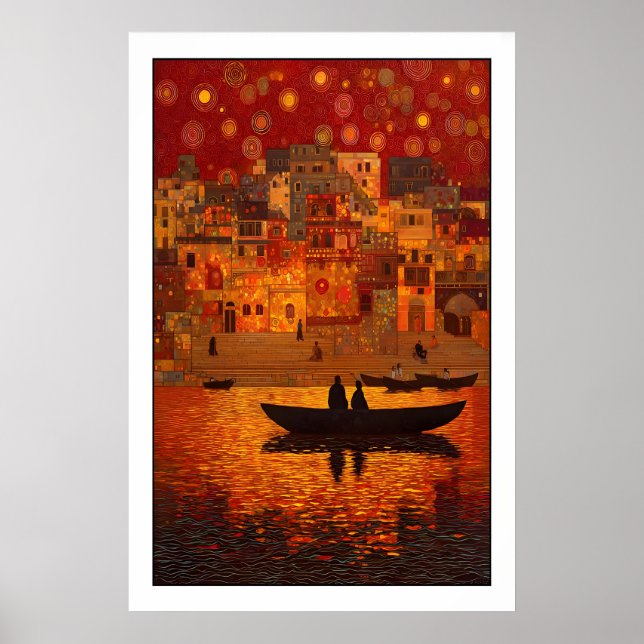 Poster Sunset Wall Art Bohemian River Scene - Warm Orange (Devant)