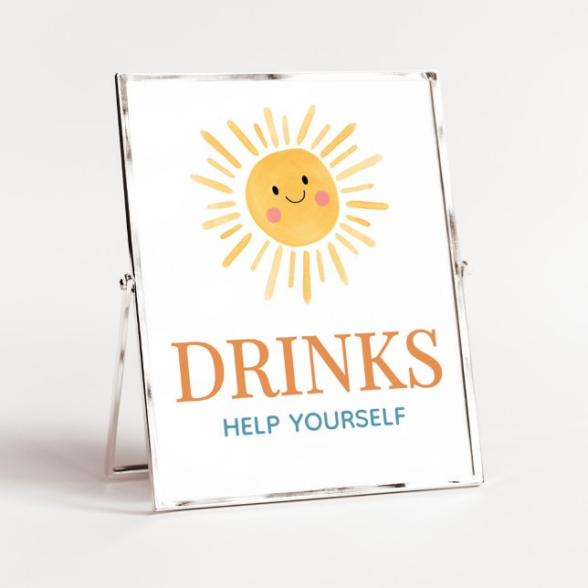 Poster Sunshine Voici le Baby shower Son Boissons (Here Comes the Son Cute Sun Baby Shower Drinks Sign)